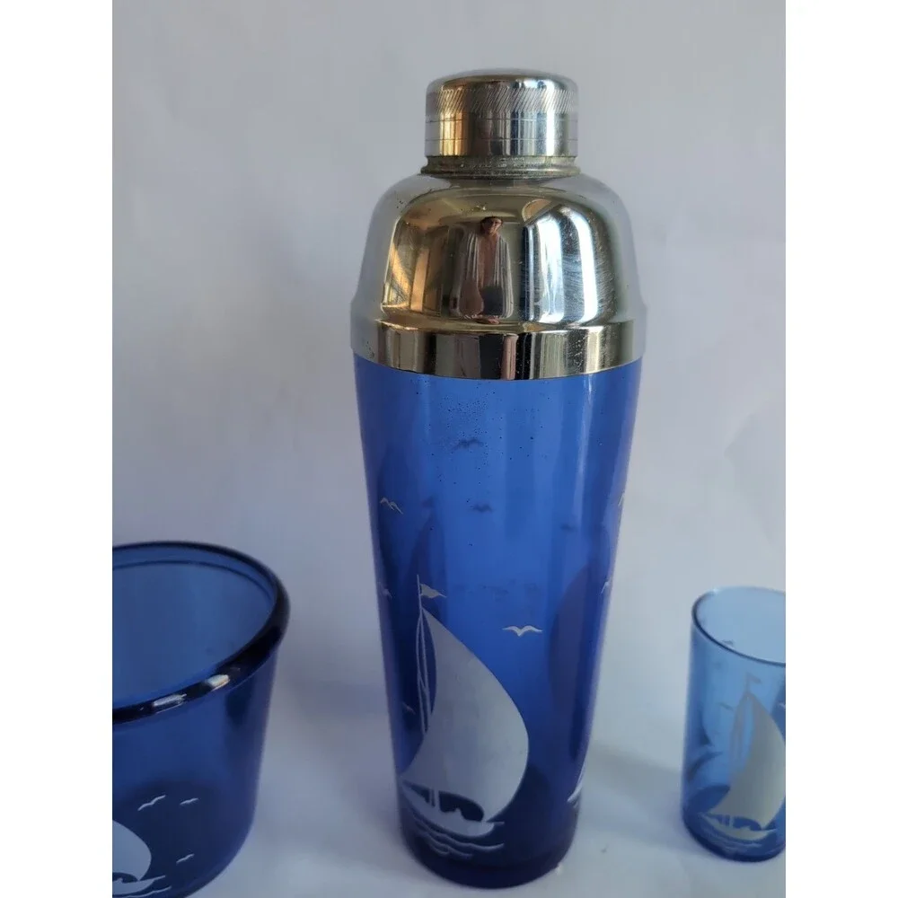 Hazel Atlas Cocktail Shaker Set Ice Bucket Glasses Cobalt Blue Sail Boat MCM Vtg
